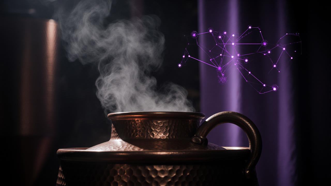 Macro shot of steam rising from a tradition copper brewing kettle